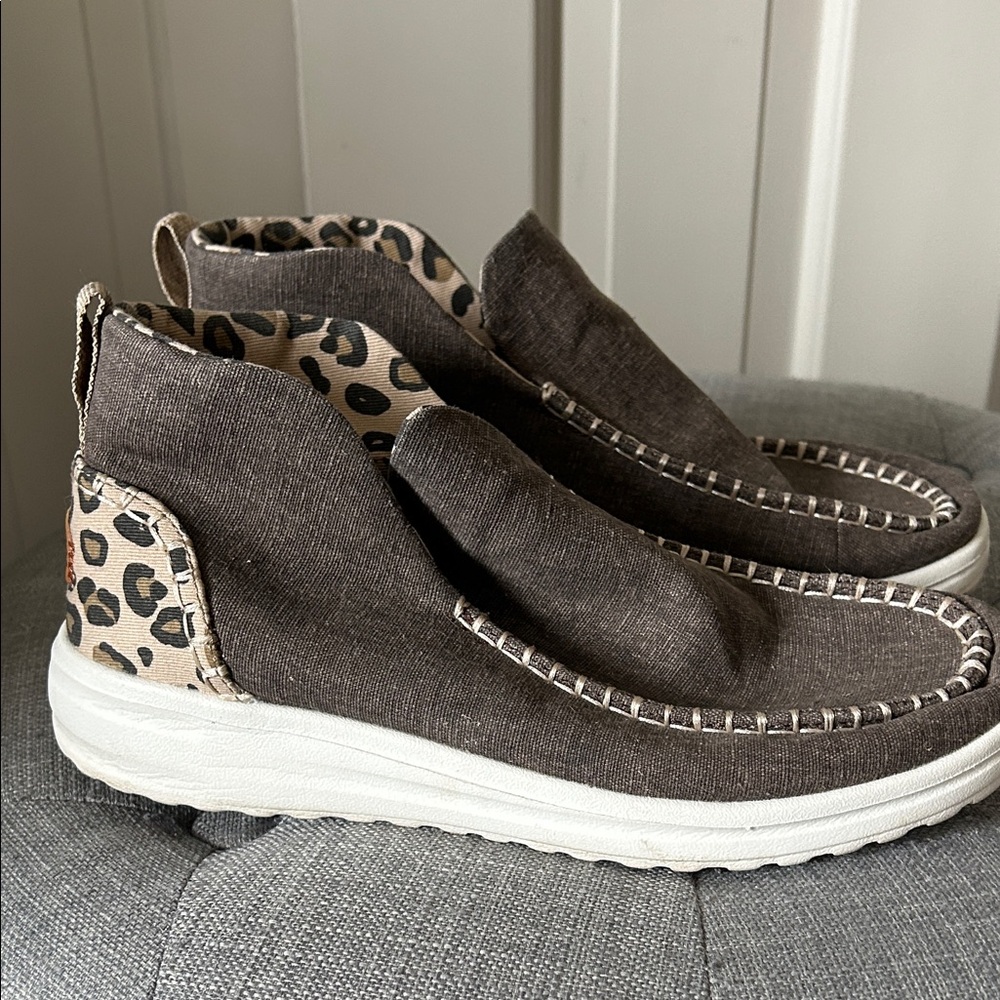 Hey Dude Women's Slip-On Flats in Dark Brown with Leopard Accent